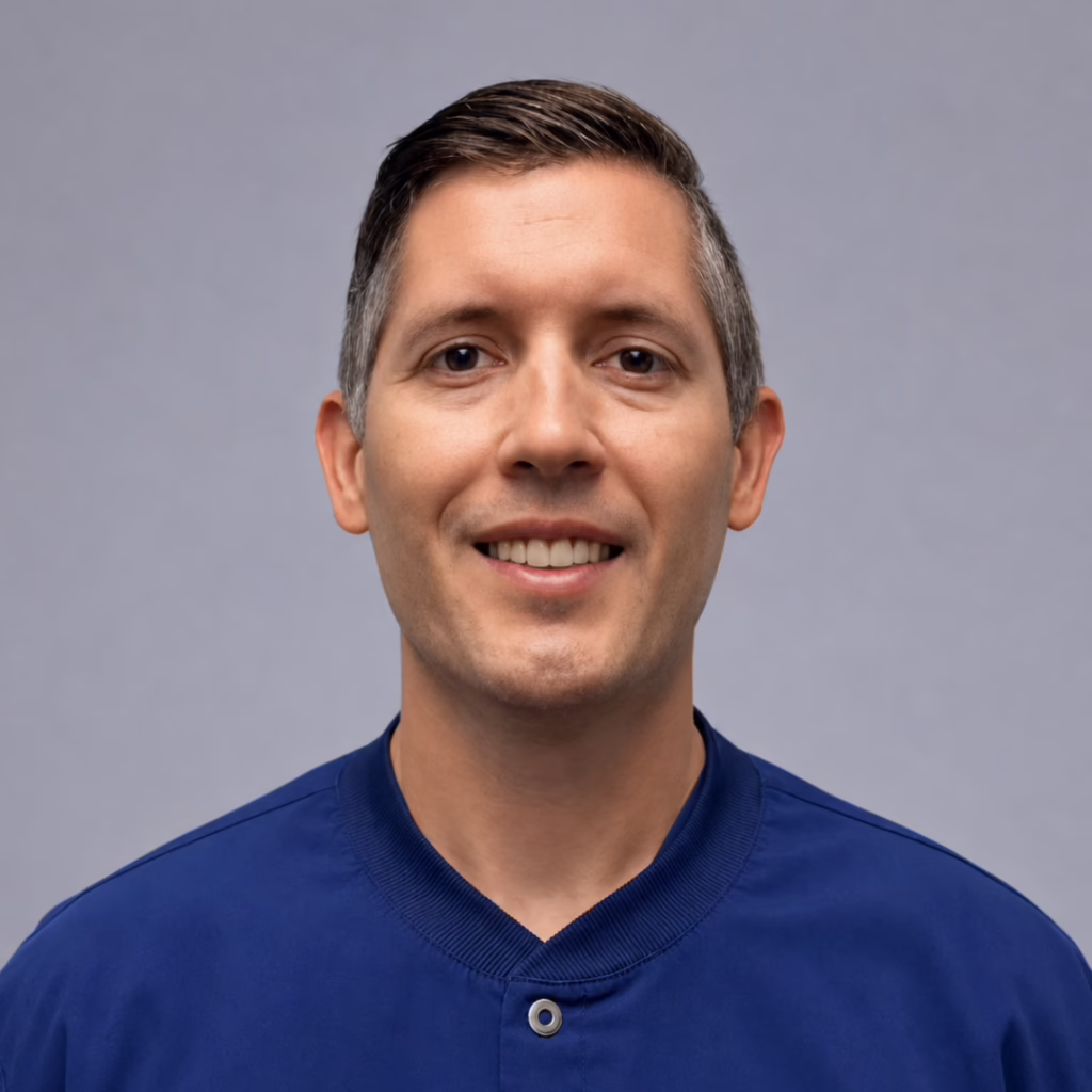 Smiling man with short dark hair in a blue shirt, portrait against a gray backdrop.